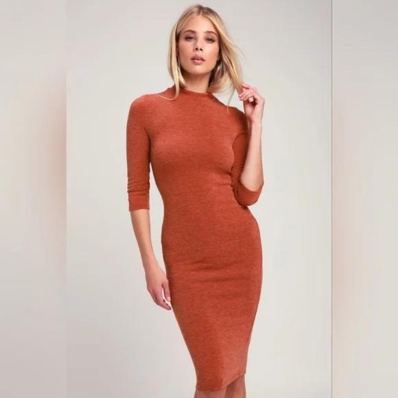 NWT Lulu's Conversation Starter Rust Orange Mock Neck Midi Sweater Dress - Picture 1 of 15